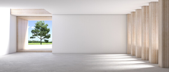 Fototapeta premium Interiors empty hall, concrete floor, white walls, wooden columns. There is a window overlooking the balcony plants outside the building. 3D rendering, 3D illustration.