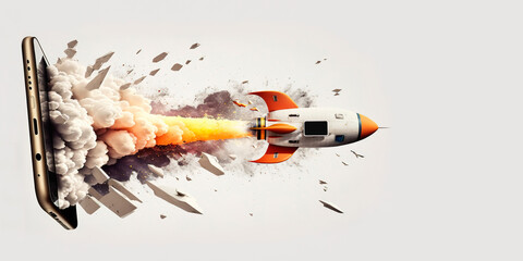 Space rocket launch from smartphone screen on white background with copy space, banner. Generative AI - obrazy, fototapety, plakaty