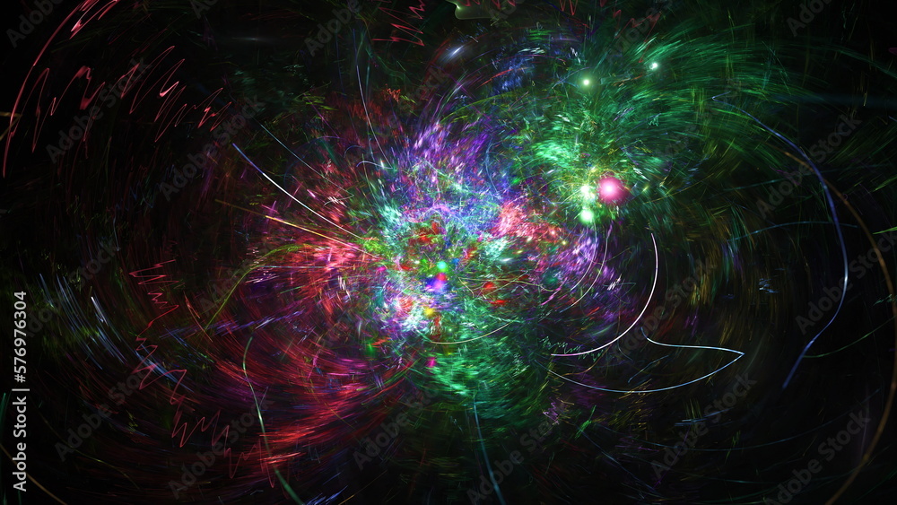 Poster Luminous modern abstract background, fractal world. Digital space for use in design. Round shapes and lines. 3d render