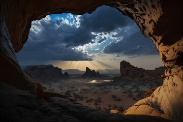 A look at Al Ula in the evening from the Harrat vantage point. Generative AI