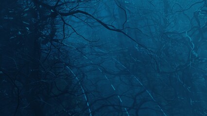 Scary trees at night near forest road. Mystical eerie forest landscape in fog, moonlight. 3d render