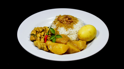 Side Angle of Chicken curry rice in yellow spice sauce with potatoes and boiled egg served on white plate isolated on black dark background