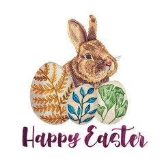 Illustration of Happy Easter Day. Watercolor easter bunny and egg. Happy Easter Day is written in calligraphy brush. A furry bunny hidden by eggs.