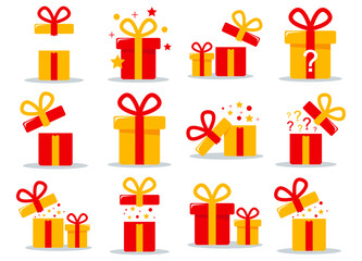 Gift box, birthday gift, surprise. A set of gift icons. An open gift box, ribbons and confetti highlighted on a white background. Celebration of the event, design for congratulations.