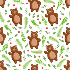 Seamless vector pattern with forest brown bear, leaves and berries. Vector illustration for fabric, texture, wallpaper, poster, postcard. Editable elements. Cartoon design.