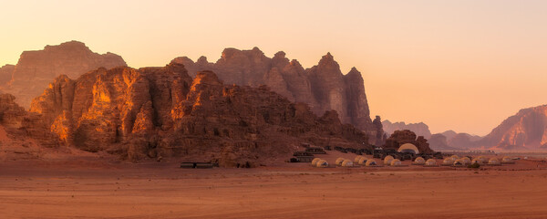 Wadi Rum desert landscape and tents, Jordan banner