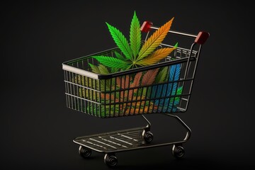 Shopping cart decorated with marijuana leaves and a bottle of cannabis oil for medical use, displayed against a black background. Blanket copy space. Dispensary weed for purchase. Nontraditional medic