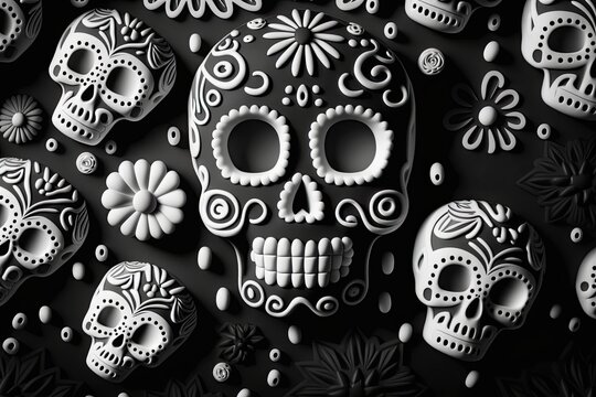 Sugar Skull Background for Dia de los Muertos Halloween Party. Extreme Macro with Copy Space for Sentence Corruption. Generative AI