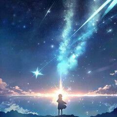 Man against the backdrop of a mysterious starry sky. High quality illustration