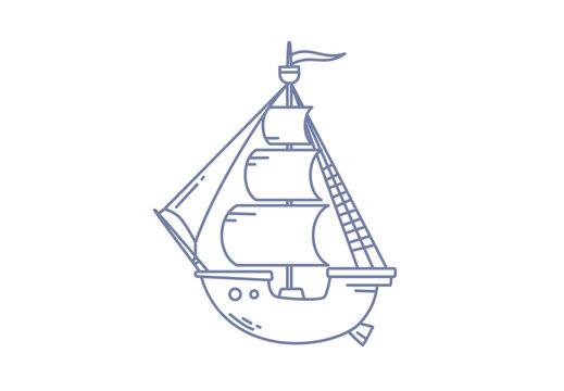 recommend clip art: Vector illustration of old ship with sail on white color background. Flat line art style design of ship