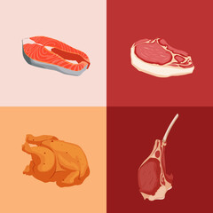 Set Meat Collection. Fish Meat, Beef, Chicken Meat
