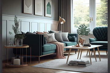 Scandinavian style living room. Bright Living room with large windows and lots of plants.
