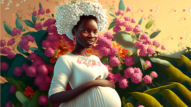 Concept Of Mothers Day, African Mother Cradling Her Growing Baby,  Women's Day,  Beautiful Flowers In Nature, 