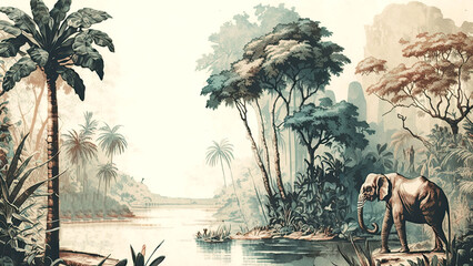 Watercolor Style Wallpaper Landscape on an African Tropical Jungle with Trees Next to a River Elephants and Birds. AI-Generative, Digital Illustration.