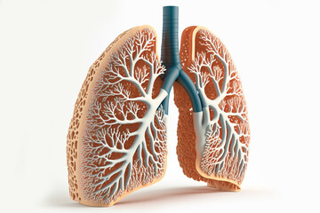 Human lungs model on white background. Generative AI illustration.