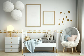 Mockup two poster frame in children bedroom. Generative AI illustration.
