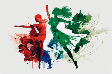 Dancers in hip colors, watercolor blue, green and red, Generative AI