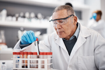 Blood, science and scientist in laboratory with sample for research, medical study and forensic investigation. Healthcare, pharmaceutical and senior man with vial for dna test, exam and rna analysis - obrazy, fototapety, plakaty