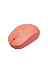 Orange wireless computer mouse isolated on white background. Computer hardware. Side view.