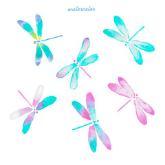Obraz na płótnie Canvas Dragonfly ,turquoise and pink dragonflies, insects, green, watercolor illustration, decoration 