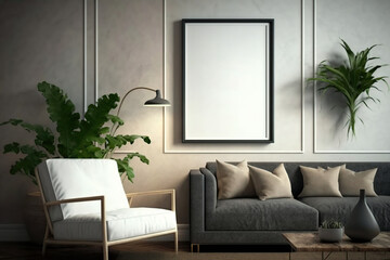 Mockup poster frame in modern interior living room. Generative AI illustration.