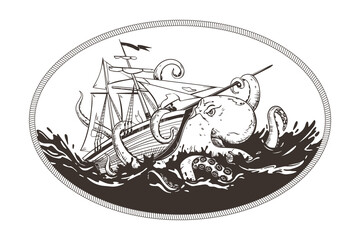 octopus attacked the ship, retro old Ship vintage hand drawn vector illustration realistic sketch