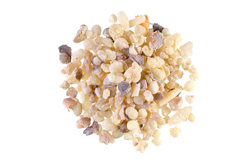 Overhead view of Frankincense (Boswellia carterii), also known as olibanum, isolated on white...