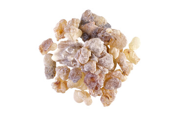 Overhead view of Frankincense from Oman (Boswellia sacra), also known as olibanum, isolated on white background - obrazy, fototapety, plakaty