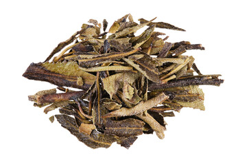 Overhead view of dried yerba santa leaves (Eriodictyon), also known as sacred herb, isolated on...