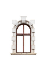19th century dark-brown wooden window with white moulding isolated on white background.