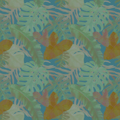 Fototapeta na wymiar Seamless pattern with tropical leaves in yellow, gray, blue colors. Wild jungle background. Hand drawn Rainy forest plants. Design for fabric, packaging, covers, wallpaper.