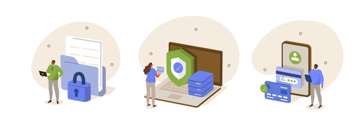 Cybersecurity set. Characters making secure online payment, sharing cloud documents and monitoring server security to protect data from cyber attack. Data protection concept. Vector illustration.