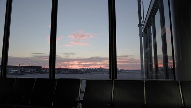 Pink and blue sky in a sunrise at the Ohare Airport in Chicago, nobody, still shot
