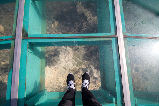 Looking down from the glass walkway above Ulubey Canyon in Usak Province, Turkey. Turkish name; Ulubey Kanyonu Cam Teras