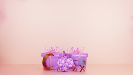 a pink illustration with the symbol of two gift boxes equipped with a drum and a diamond shape to celebrate Eid al-Fitr
