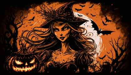 Illustration of scary women in a witch costume for Halloween. Scary Wallpaper for holiday created with Generative AI