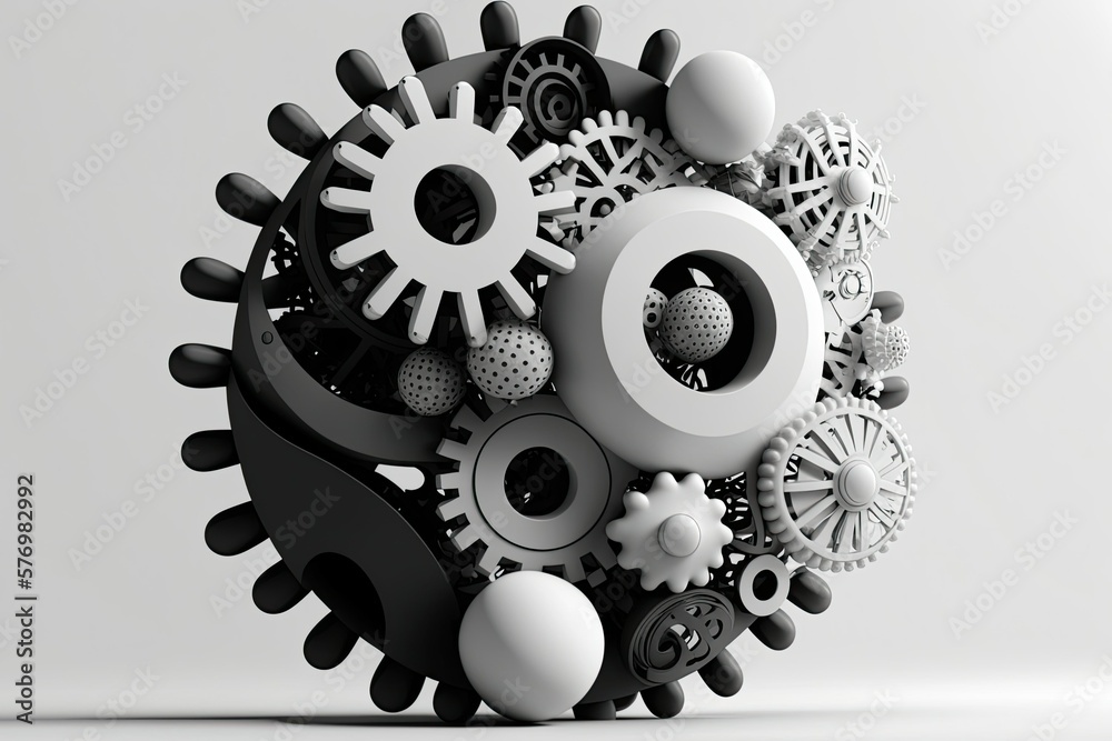 Poster mechanism with spherical pieces that may rotate. a white background holds a black and white technica
