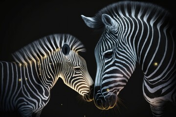 Fototapeta na wymiar An infant zebra tries to kiss her mother against a dark backdrop. Generative AI