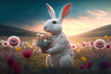 weißer Hase mit Blumenkorb springt durch die Frühlingswiese, generative AI