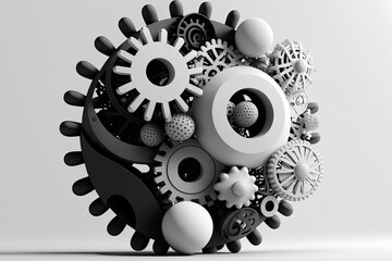 Mechanism with spherical pieces that may rotate. A white background holds a black and white technical drawing of some sort, probably for use in engineering. Image of gears against a white background