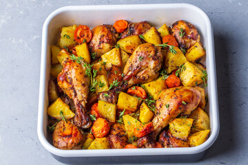 Baked chicken thighs and fried potatoes look delicious.