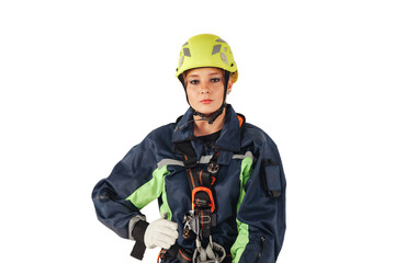 Portrait woman in industry uniform and protective helmet posing at isolated white empty background, looking at camera. Serious industrial lady worker in workwear standing in isolation. Copy text space