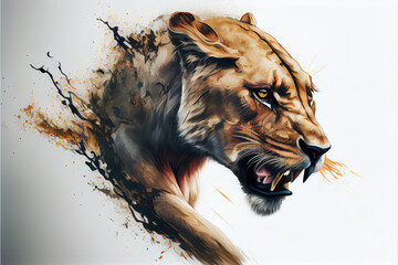 Generative AI Illustration of powerful and dangerous lioness in profile running sideways and growling on white background.