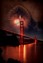 Fireworks over the famous Golden Gate Bridge. AI generated - obrazy, fototapety, plakaty