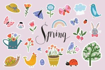 Springtime stickers collection with specific decorative elements and hand lettering, vector design