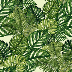 Fototapeta premium Watercolor seamless pattern with tropical leaves. Beautiful allover print with hand drawn exotic plants. Swimwear botanical design. 