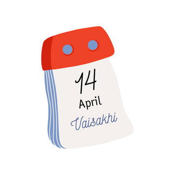 Tear-off calendar. Calendar page with Vaisakhi date. April 14. Flat style hand drawn vector icon.
