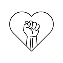 Heart shape and raised fist. Clenched fist symbol. Security or struggle logo. Vector illustration.