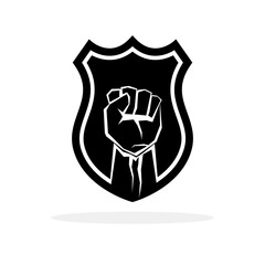 Raised fist symbol. Clenched fist symbol on a shield. Security or protection logo. Vector illustration.