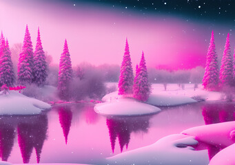 Generative Al Illustration.Fairy Tale Winter scenery with lake at sunrise.